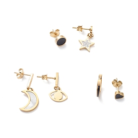 3 Pair 3 Style Synthetic Shell Moon & Rhinestone Star & Heart Asymmetrical Earrings, Ion Plating(IP) 304 Stainless Steel Dangle Stud Earrings for Women