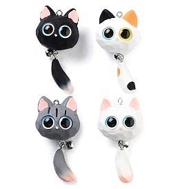 Opaque Resin Kitten Bell Big Pendants, Big Eye Cat Charms with Platinum Tone Iron Loops
