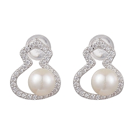 Natural Pearl Ear Studs, with Brass Micro Pave Clear Cubic Zirconia Findings, Gourd