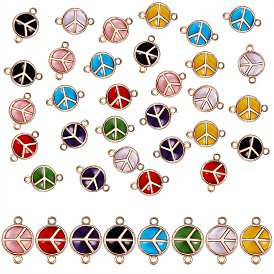 32Pcs 8 Colors Alloy Links Connectors, with Glass, Light Gold Plated, Flat Round with Peace Sign