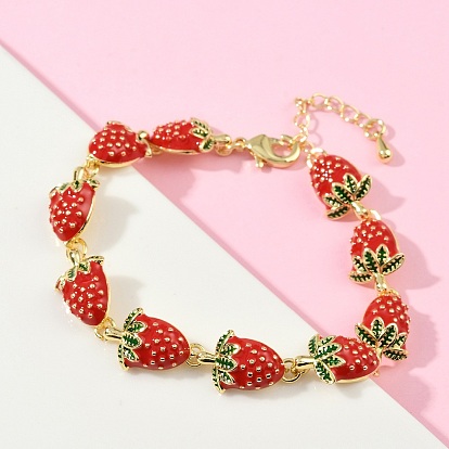 Браслеты из латунных эмалевых звеньев для женщин, клубника, без кадмия и без свинца, стойки покрытие, долговечный, реальный 18 k позолоченный