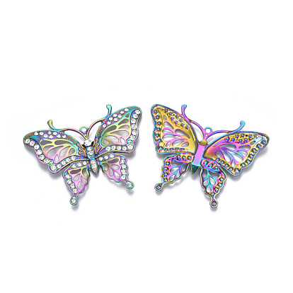 Rack Plating Rainbow Color Alloy Big Pendants, with Crystal Rhinestone, Cadmium Free & Nickel Free & Lead Free, Butterfly