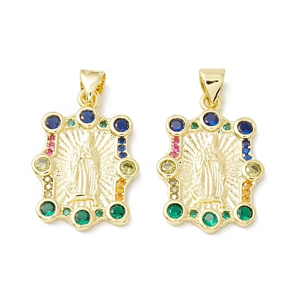Enrubanneuse en laiton micro pavé en zirconium cubique pendentifs, réel 18 k plaqué or, plaqué longue durée, rectangle avec vierge marie