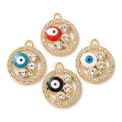 Alloy Enamel Pendants, Round with Evil Eye Charms, with Rhinestone, Golden, Rack Plating, Cadmium Free & Nickel Free & Lead Free