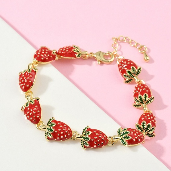 Браслеты из латунных эмалевых звеньев для женщин, клубника, без кадмия и без свинца, стойки покрытие, долговечный, реальный 18 k позолоченный