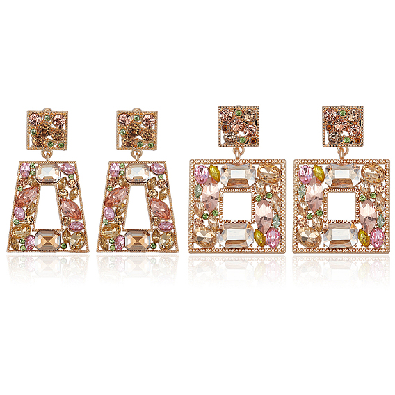 2 пары 2 стильные серьги-гвоздики со стразами в форме прямоугольника и трапеции, длинные серьги-подвески из легкого золотого сплава для женщин