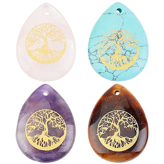 4Pcs 4 Style Natural & Synthetic Gemstone Pendants, Teardrop with Tree of Life Pattern