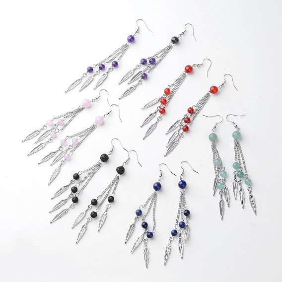 Болтаться серьги природный драгоценный камень, кисточки серьги, с  латунными крючками для серег, перо