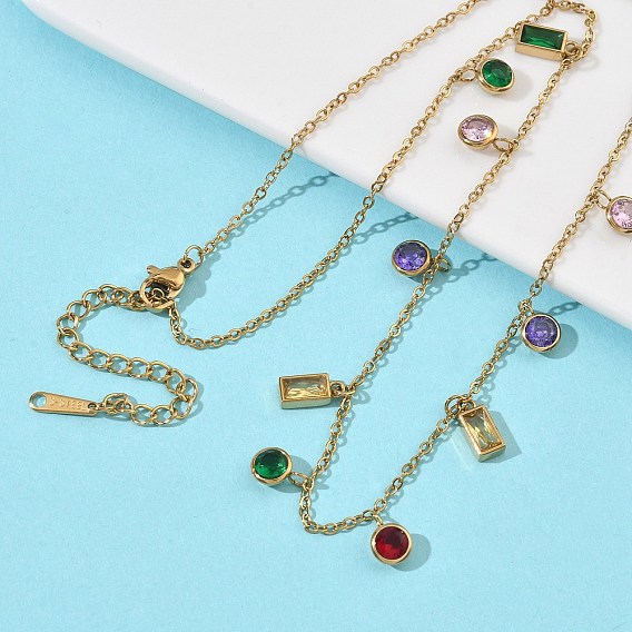 304 Подвеска-колье из нержавеющей стали с цветными кубическими циркониями, плоская, круглая, прямоугольная., ионное покрытие (ip)