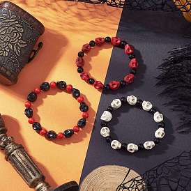 3шт 3 цвета синтетические бирюзовые бисерные браслеты с резинкой, череп, с расписными стеклянными бусинами