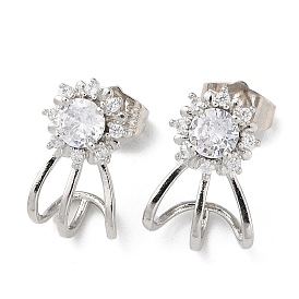 Brass Rhinestone Stud Earrings with Glass, Flower