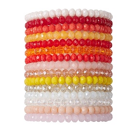 15Pcs 15 Styles Faceted Rondelle Glass Beaded Stretch Bracelet Sets, Stackable Bracelets