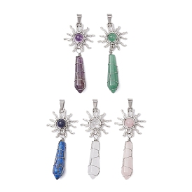 5Pcs Copper Wire Wrapped Natural Lapis Lazuli & Quartz Crystal & Rose Quartz & Green Aventurine & Amethyst Big Pendants, Tibetan Style Alloy Sun Charms
