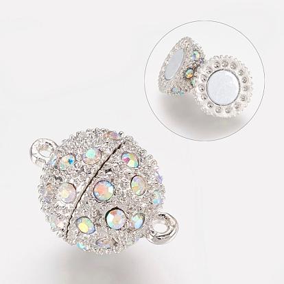 Alloy Magnetic Clasps with Loops, with Rhinestone, Round, Platinum Color, 14x20mm, Hole: 1.5mm