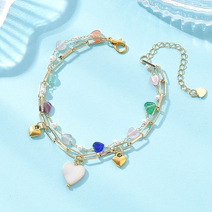 Браслет из латунной цепочки в виде скрепки, сердечка «кошачий глаз» и цепочки из пластиковых жемчужных бусин, состоящий из двух слоев, для женщин., с подвесками из натуральных пресноводных раковин и сплава в форме сердца.