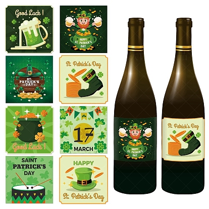8 Sheets Saint Patrick's Day Theme Paper Self Adhesive Clover Label Stickers, for Party Bottle Decoration, Square