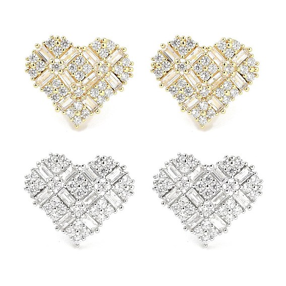 Серьги-гвоздики из латуни с микро-паве из прозрачного кубического циркония для женщин, без кадмия и без свинца, долговечный, сердце