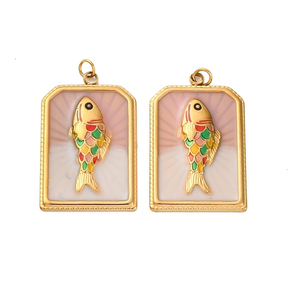 304 подвески из нержавеющей стали, с эмалью и кольцом для прыжков, ионное покрытие (ip), прямоугольник с подвеской в виде рыбы