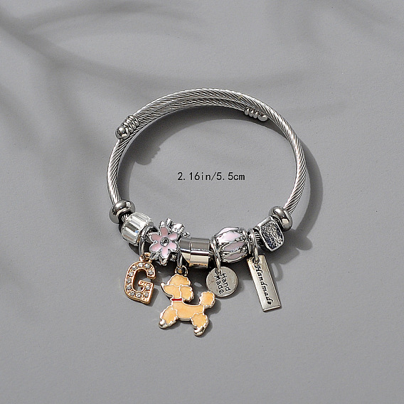 Регулируемые европейские браслеты из нержавеющей стали, браслеты с подвесками для женщин, пудель, со сплавом, стразами и эмалью