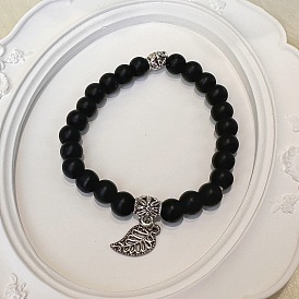 Браслеты с подвесками из листового сплава, Матовые натуральные черные обсидиановые круглые бусины, эластичные браслеты для мужчин и женщин