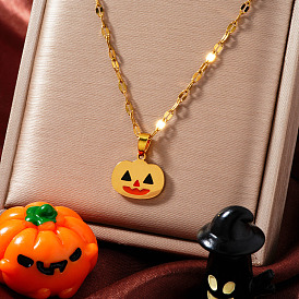 Stainless Steel Enamel Halloween Pumpkin Pendant Dapped Chain Necklaces, Golden