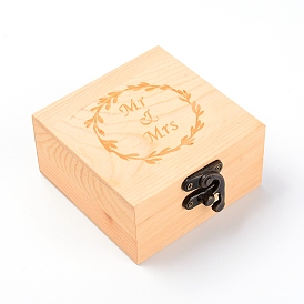Beech Wood Flip Cover Box, Candy Jewelry Boxes, with Metal Clasps, for Ring Jewelry Boxes, Square with Word Mr & Mrs