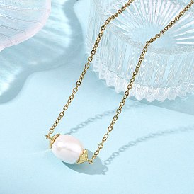 Овальный кулон из перламутра 304 Цепочка из нержавеющей стали, ионное покрытие (ip), белые