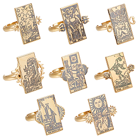 Unicraftale 8Pcs 8 Style Adjustable 304 Stainless Steel Tarot Card Finger Rings Set for Women, Antique Golden
