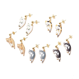 Alloy Cat Dangle Stud Earrings with Enamel, Gold Plated 304 Stainless Steel Jewelry for Women