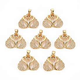 Rack Plating Brass Micro Pave Clear Cubic Zirconia Pendants, Long-Lasting Plated, Cadmium Free & Lead Free, Swan