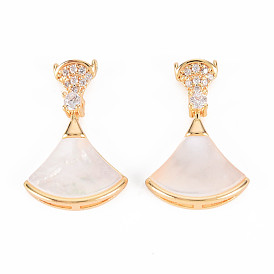 Brass Micro Pave Clear Cubic Zirconia Pendants, with Freshwater Shell, Nickel Free, Small Skirt