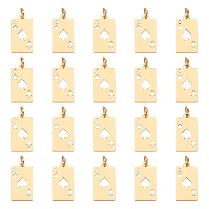 20Pcs 304 Stainless Steel Pendants, with Jump Rings, Laser Cut, Rectangle with Ace of Heart Charm