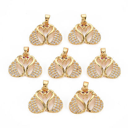 Rack Plating Brass Micro Pave Clear Cubic Zirconia Pendants, Long-Lasting Plated, Cadmium Free & Lead Free, Swan