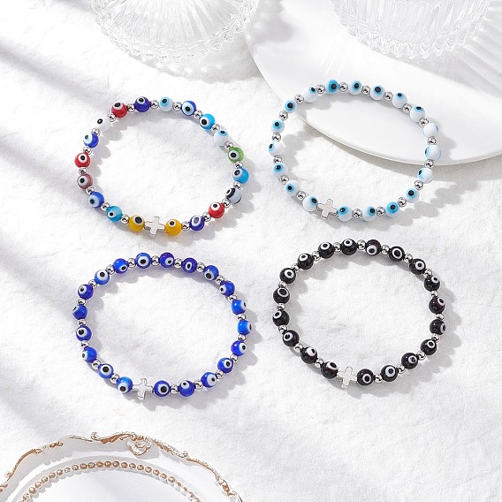 4Pcs 4 Colors Handmade Lampwork Evil Eye Beaded Stretch Bracelets for Women, with Brass Cross