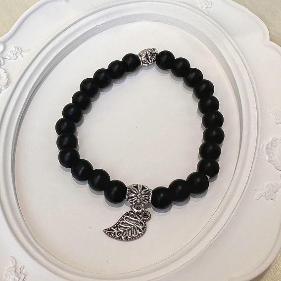 Браслеты с подвесками из листового сплава, Матовые натуральные черные обсидиановые круглые бусины, эластичные браслеты для мужчин и женщин