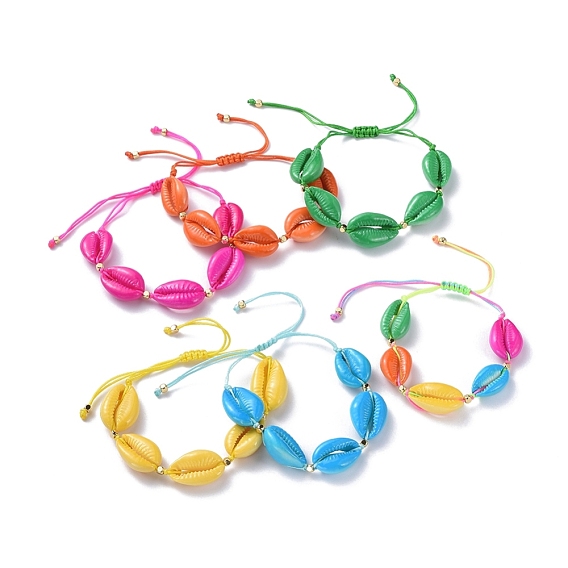 Adjustable Braided Bead Bracelets, with Spray Paint Cowrie Shell Beads, Golden Plated Brass Beads and Nylon Thread