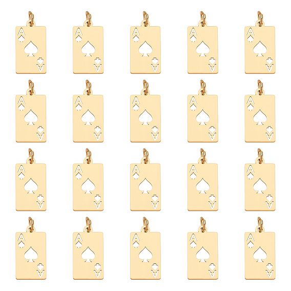 20Pcs 304 Stainless Steel Pendants, with Jump Rings, Laser Cut, Rectangle with Ace of Heart Charm