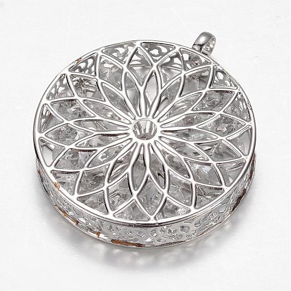Glass Big Pendants, with Iron Findings, Hollow, Flat Round