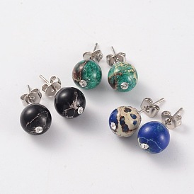 Natural Regalite/Imperial Jasper/Sea Sediment Jasper Rhinestone Round Ball Stud Earrings, with Brass Pins, Platinum, 8mm, Pin: 0.6mm