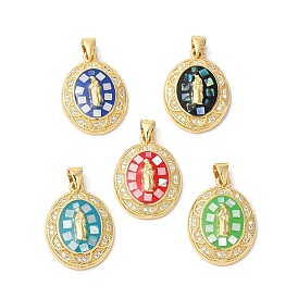 Oval with Virgin Mary Brass Micro Pave Clear Cubic Zirconia Pendants, with Enamel & Shell, Long-Lasting Plated, Lead Free & Cadmium Free, Real 18K Gold Plated