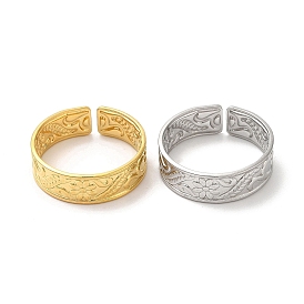 Ion Plating(IP) 304 Stainless Steel Cuff Wide Band Finger Rings, Flower and Leaf Pattern Open Rings for Women
