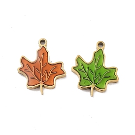 Ion Plating(IP) 316 Stainless Steel Enamel Pendants, Nickel Free, Maple Leaf Charm, Real 18K Gold Plated