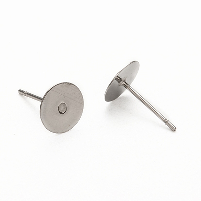 304 Stainless Steel Flat Round Blank Peg Stud Earring Findings, Earring Cabochon Setting Post Cup