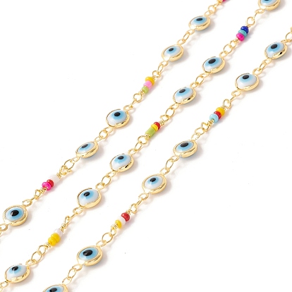 Handmade Brass Enamel Link Chains, with Glass Seed Beads, Flat Round with Evil Eye, Long-Lasting Plated, Soldered, with Spool, Lead Free & Cadmium Free, Golden
