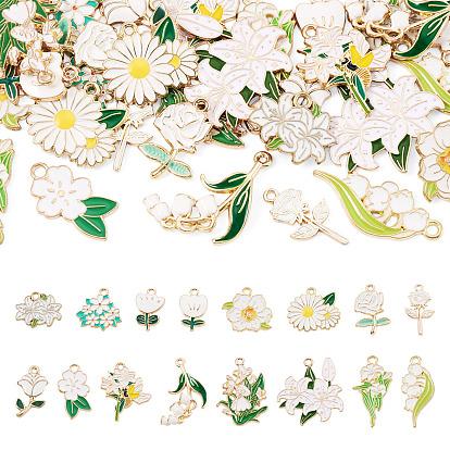 32Pcs 16 Styles Alloy Enamel Pendants, Flower Charms, Golden