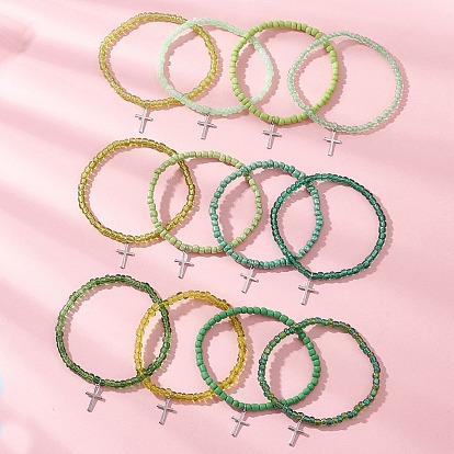 12шт. 12 цвета 201 браслеты с подвесками в виде креста из нержавеющей стали, Эластичные браслеты из стеклянного бисера, унисекс.