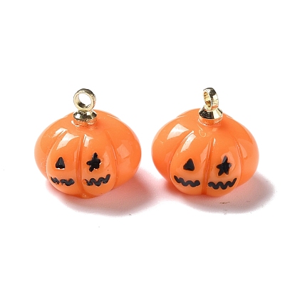 Halloween Pumpkin Opaque Resin Charms, with Light Gold Tone Metal Loops, Pumpkin Jack-O'-Lantern