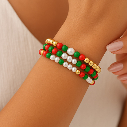 3 Браслеты из латуни, смолы и искусственного жемчуга с круглыми бусинами, эластичные, для женщин и мужчин, ко Дню Святого Патрика