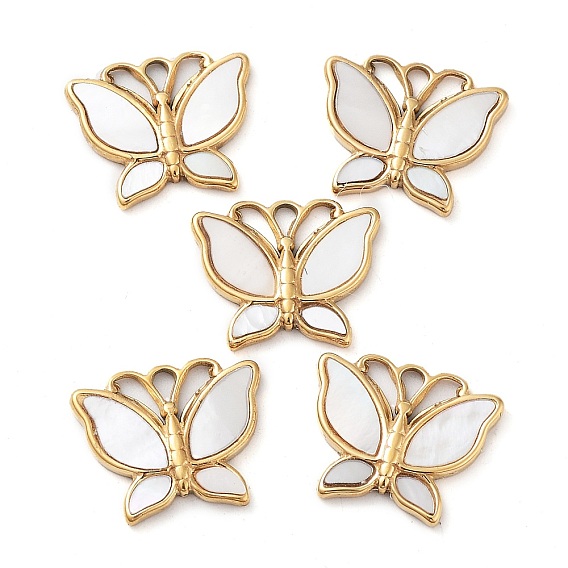304 Stainless Steel Pendants, with Pave Shell, Butterfly Charm