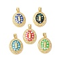 Oval with Virgin Mary Brass Micro Pave Clear Cubic Zirconia Pendants, with Enamel & Shell, Long-Lasting Plated, Lead Free & Cadmium Free, Real 18K Gold Plated